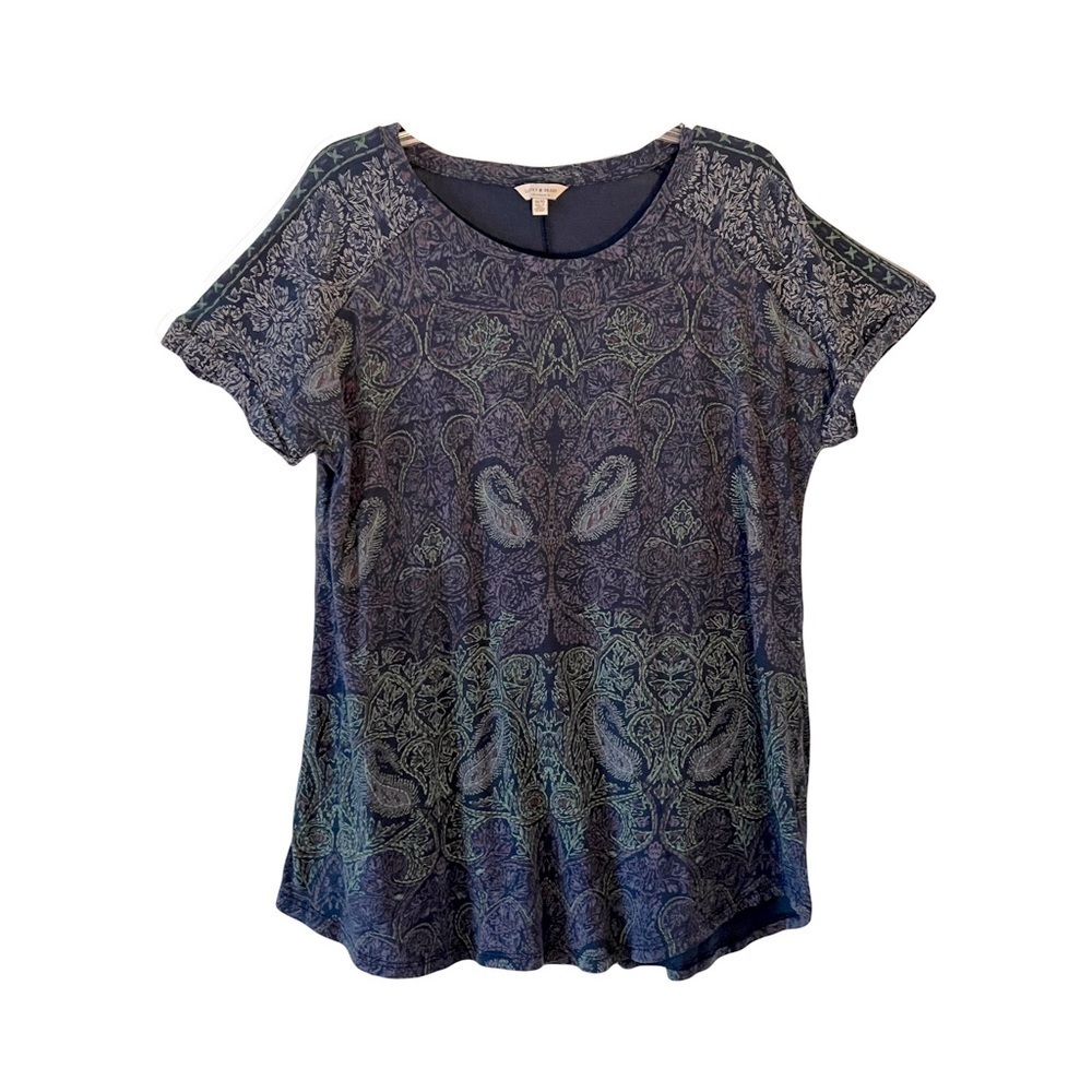 Lucky Brand | Purple Green Paisley Boho Split Back Short Sleeve Tee, 1X
